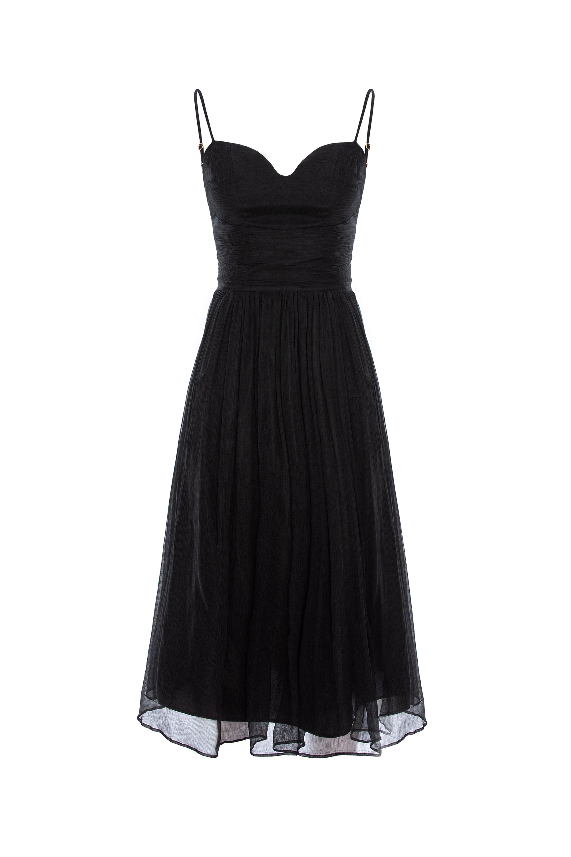 Gathered Silk Midi Dress With Corset and Straps - Black