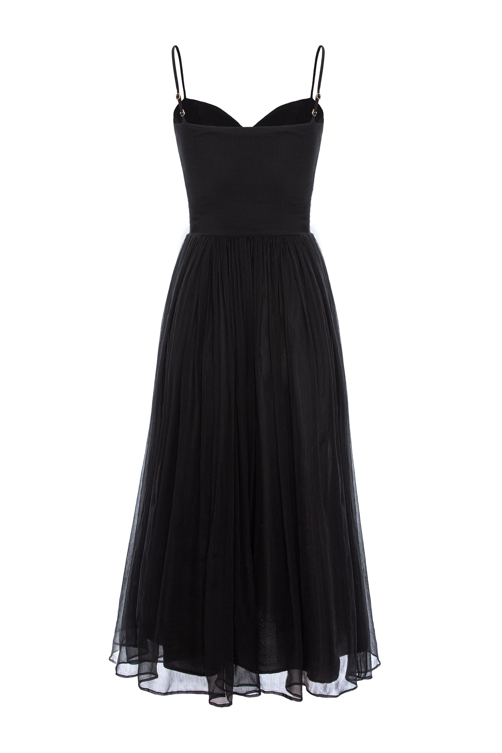 Gathered Silk Midi Dress With Corset and Straps - Black