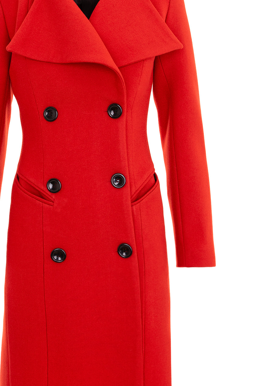 Long Wool Double Breasted Coat - Red