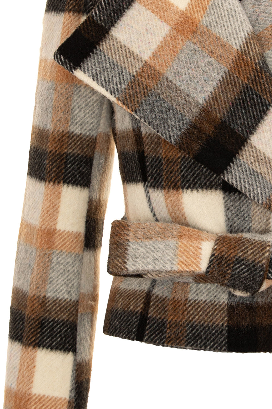 Checked Wool Double Breasted Wide Lapel Jacket With Belt