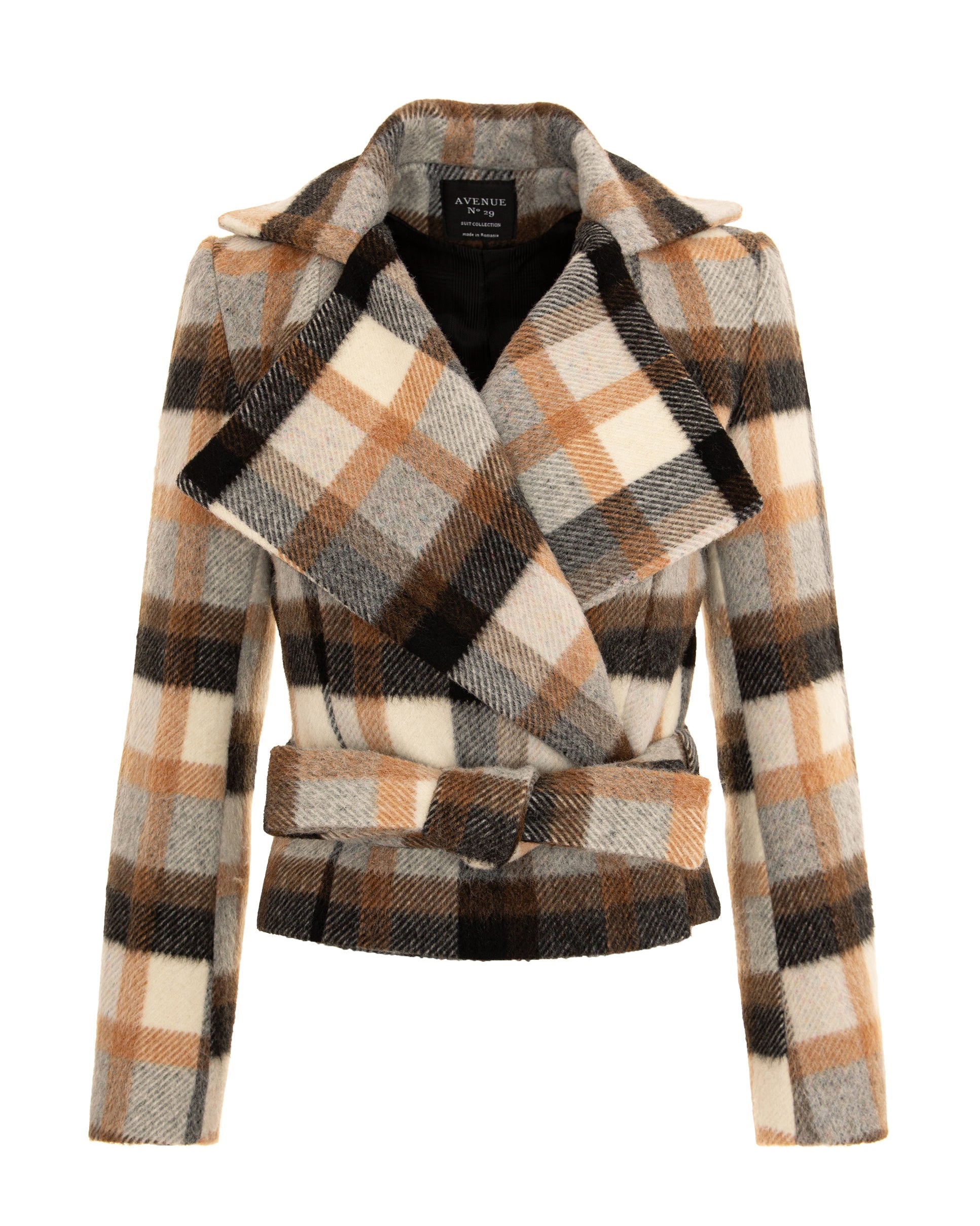 Checked Wool Double Breasted Wide Lapel Jacket With Belt
