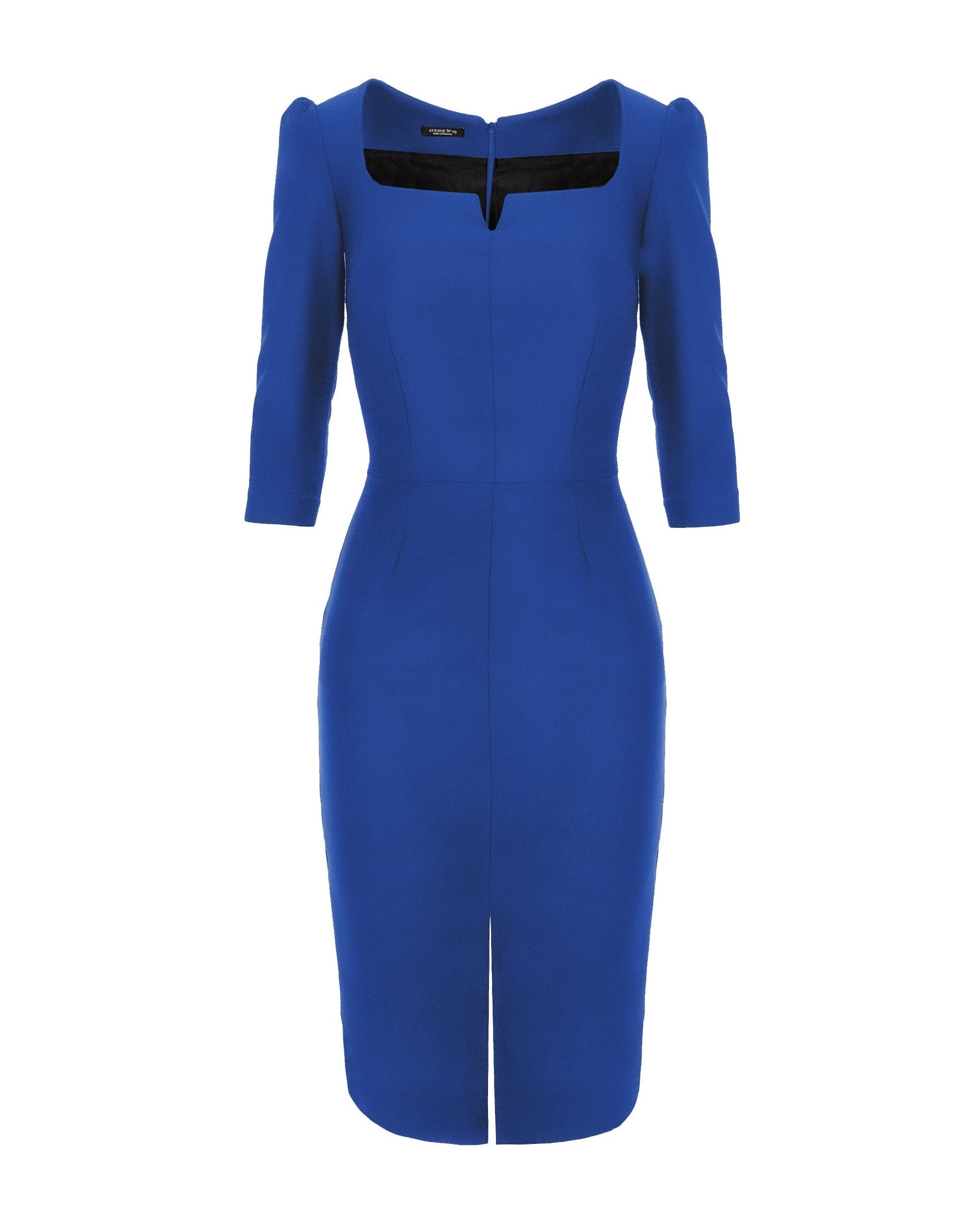 Rounded Neckline Midi Dress With Front Slit - Blue