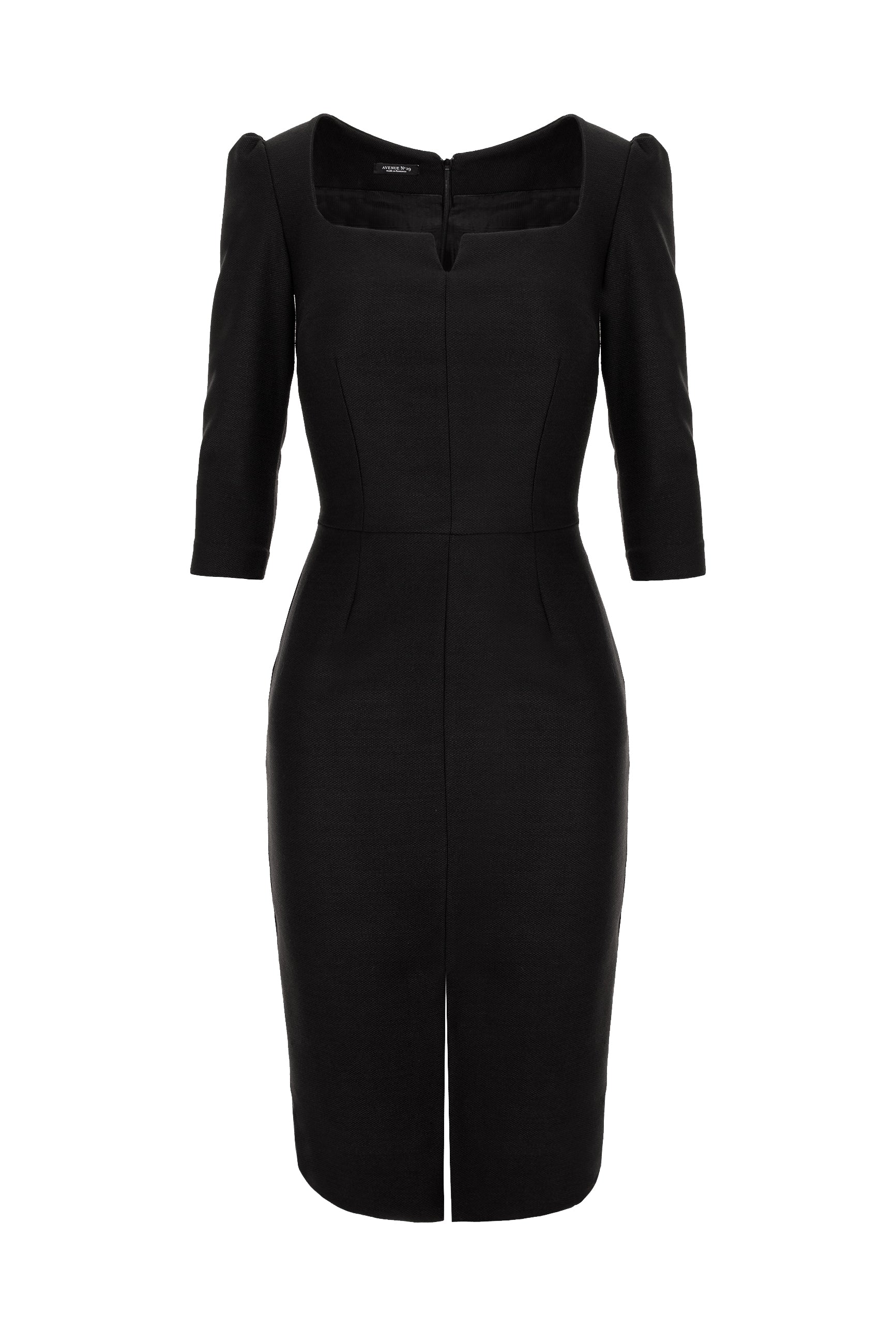 Rounded Neckline Midi Dress With Front Slit - Black