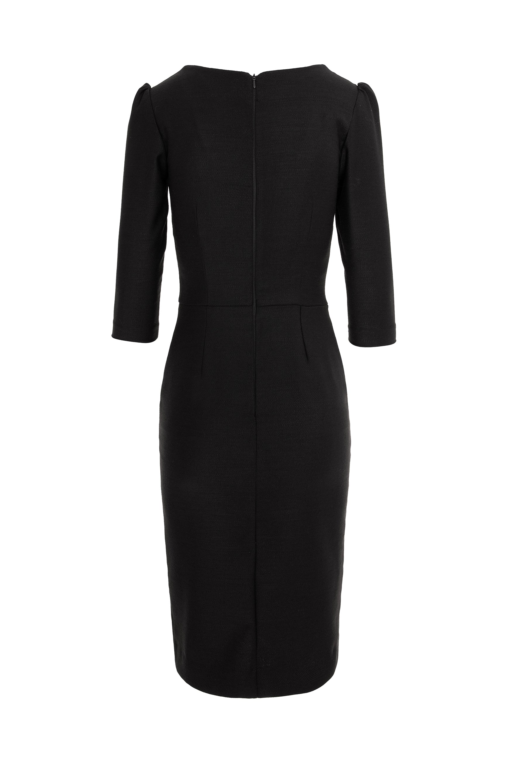 Rounded Neckline Midi Dress With Front Slit - Black