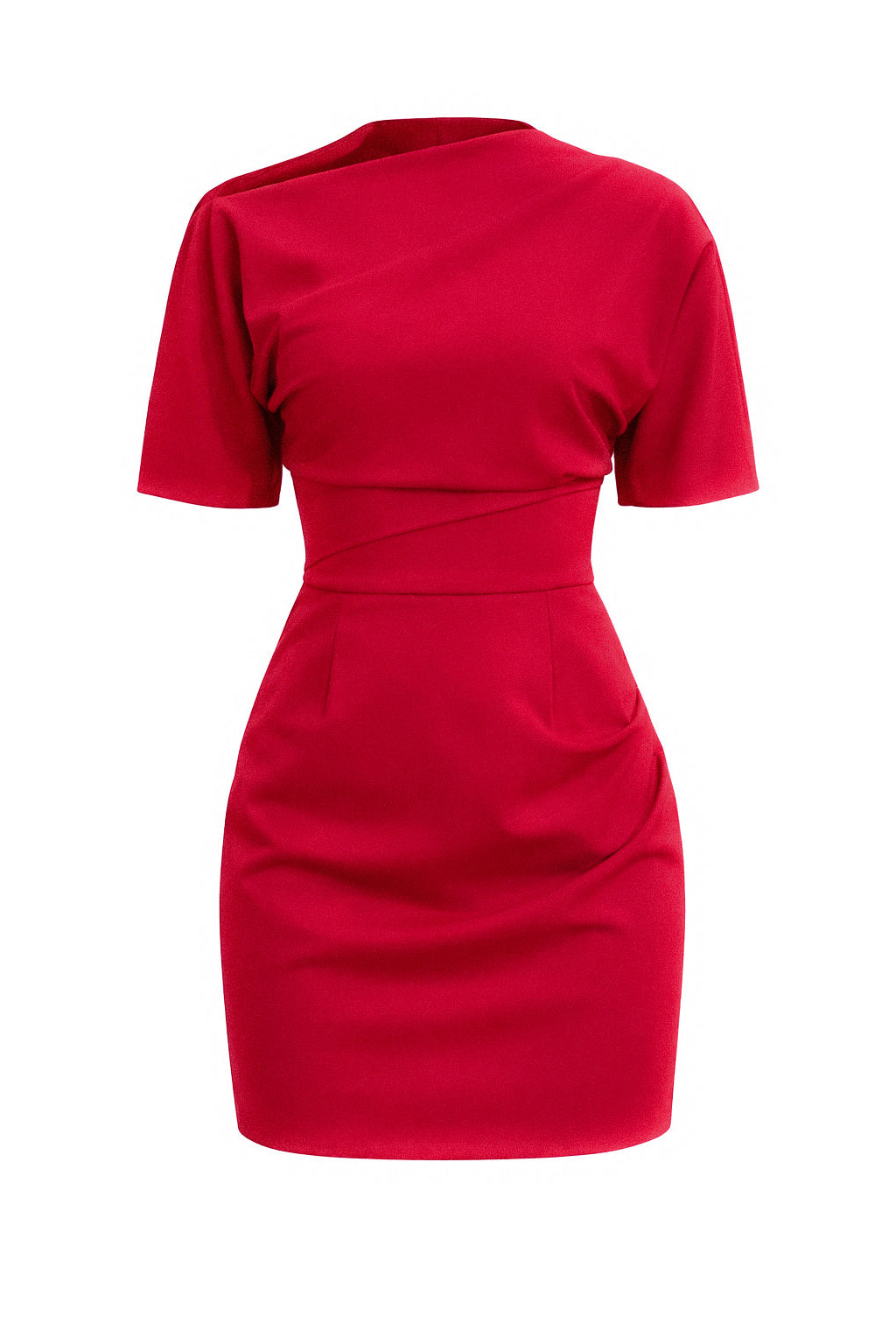 Short Sleeve Gathered Mini Dress - Red