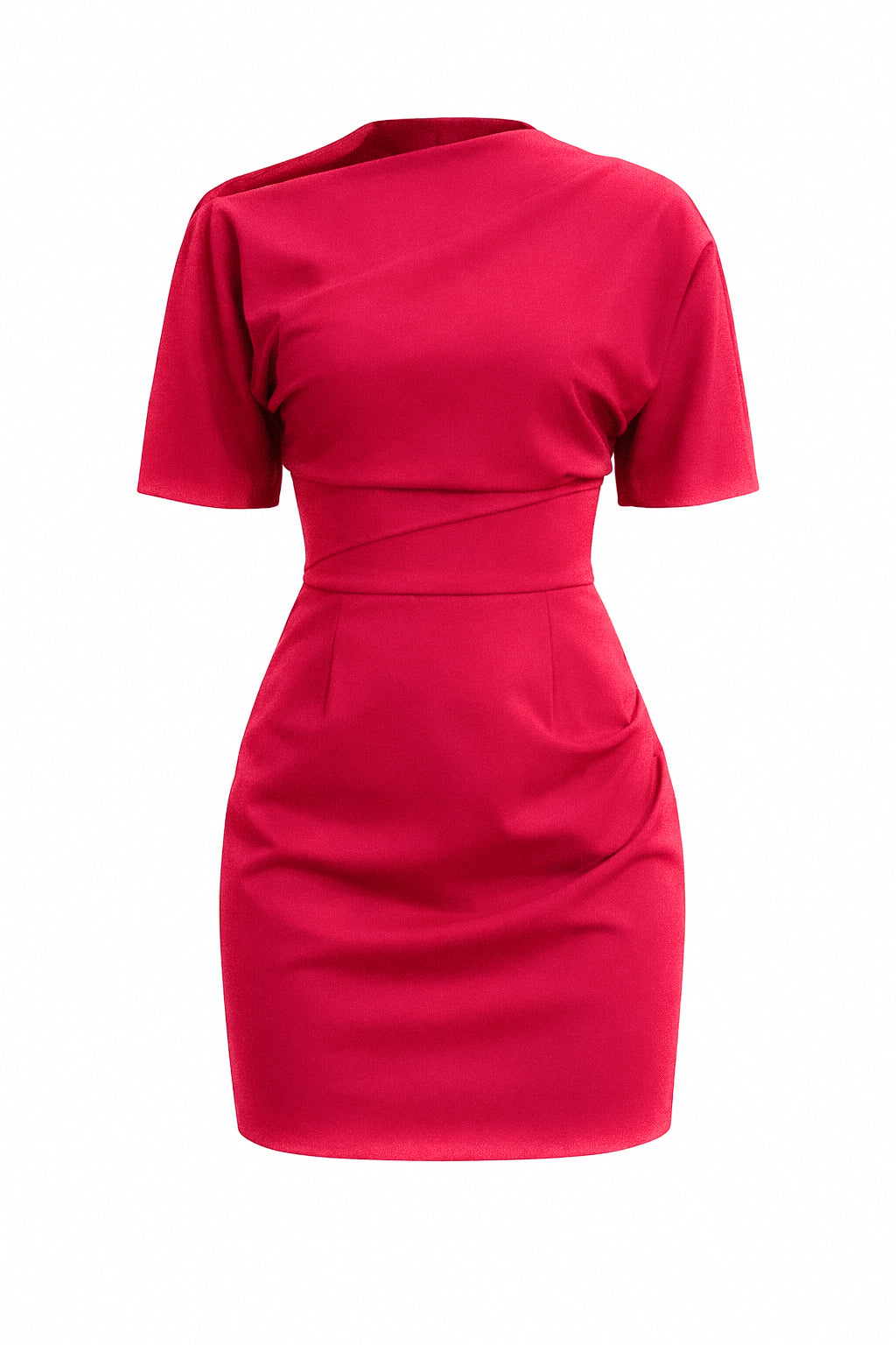 Short Sleeve Gathered Mini Dress - Red