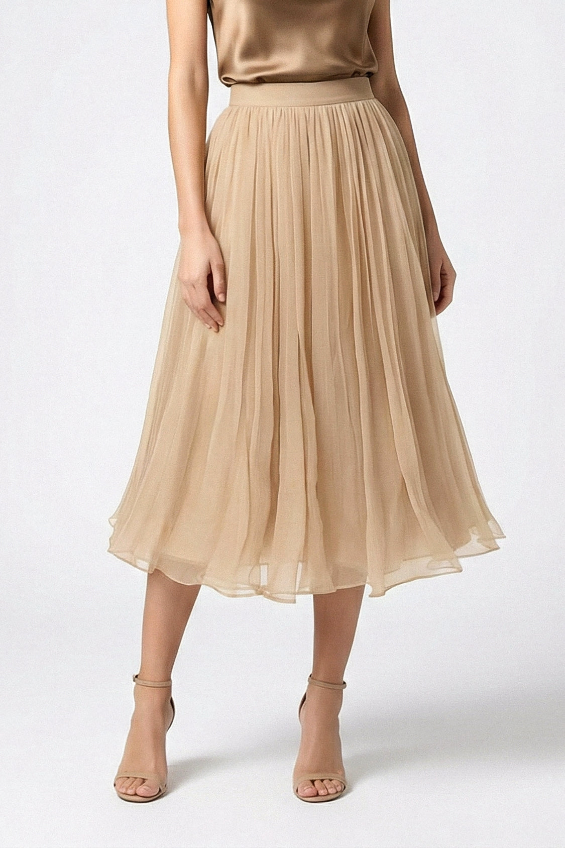 Gathered Silk Midi Skirt - Nude