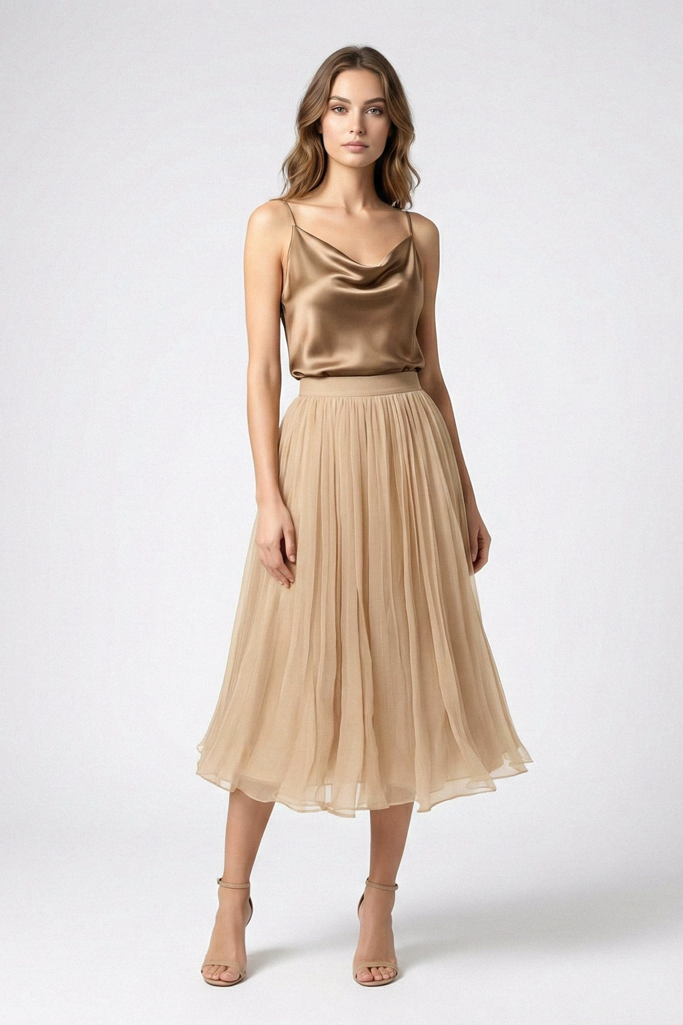 Gathered Silk Midi Skirt - Nude