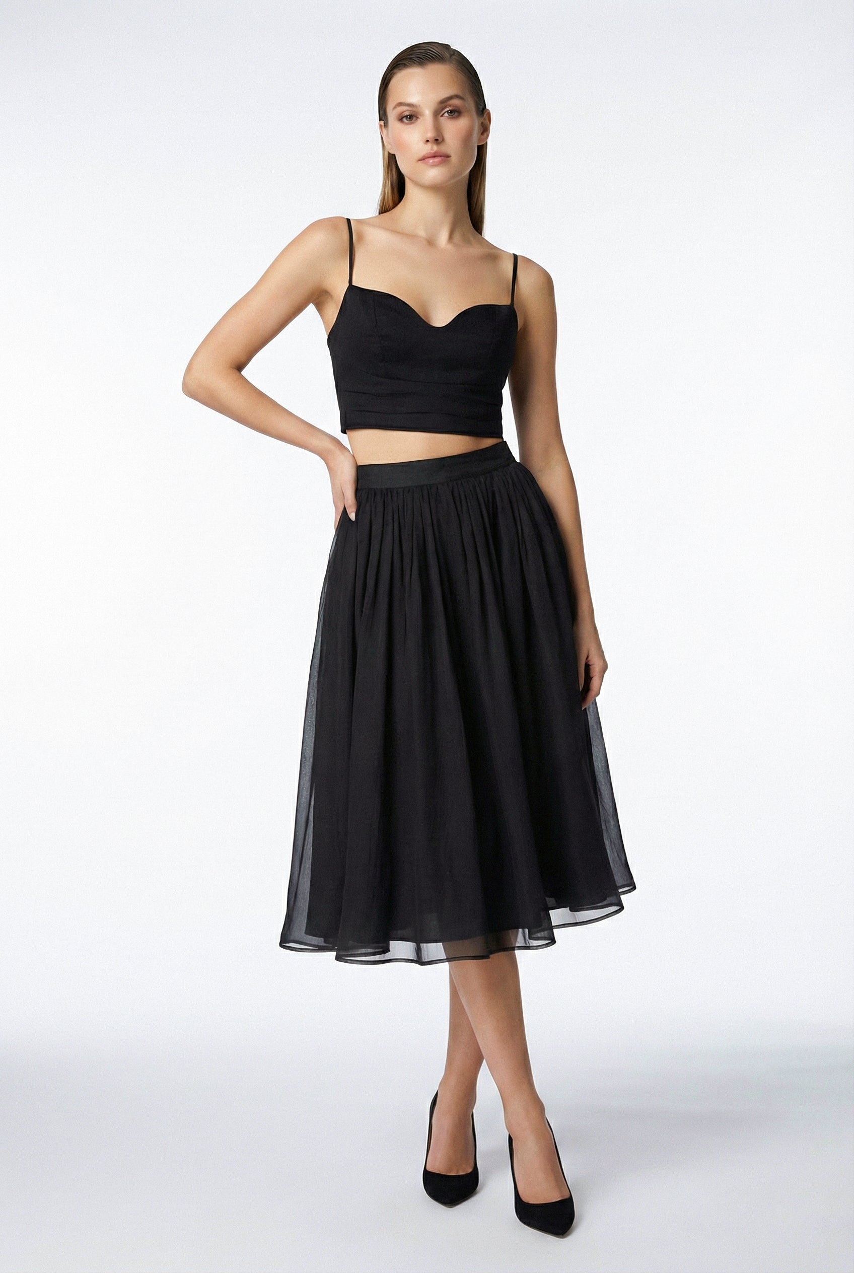 Gathered Silk Midi Skirt - Black