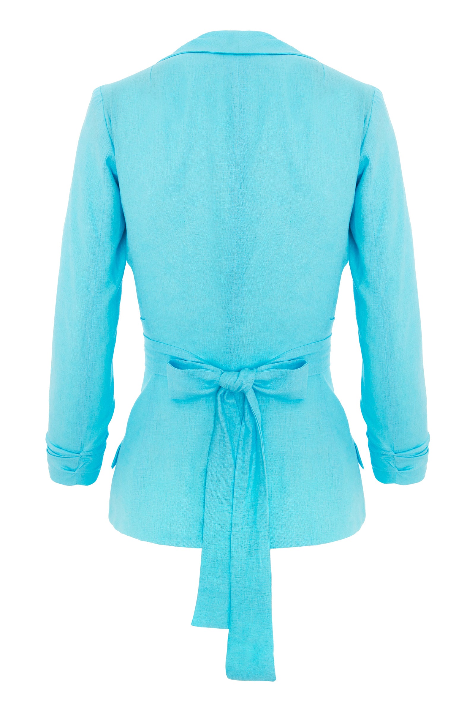 Linen Structured Blazer With Belt - Aqua