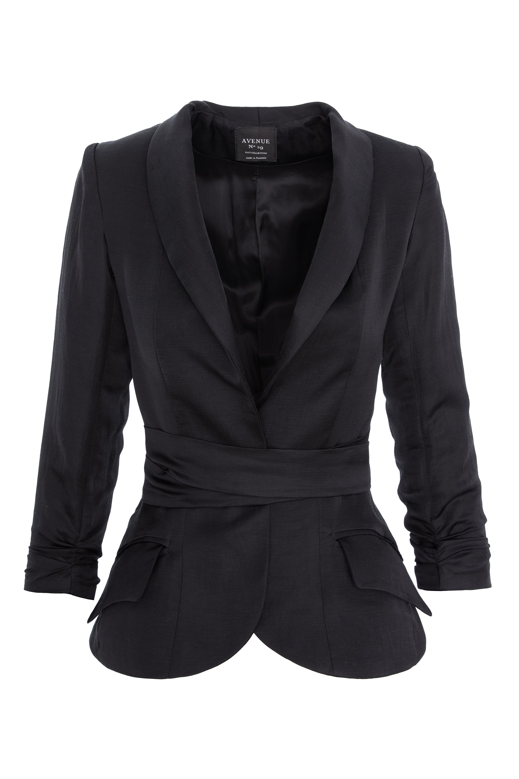 Rayon And Linen Structured Blazer With Belt - Black