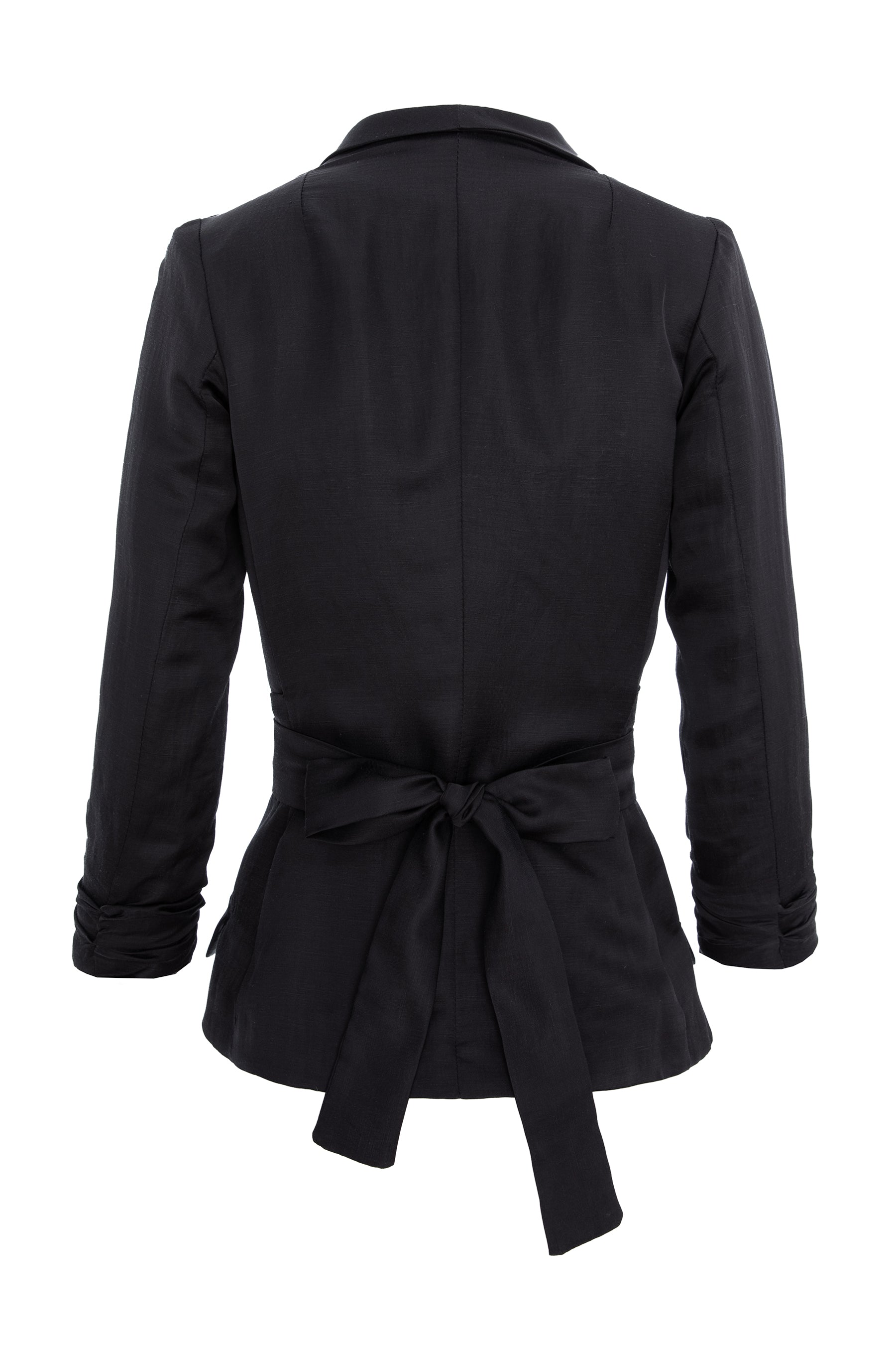 Rayon And Linen Structured Blazer With Belt - Black
