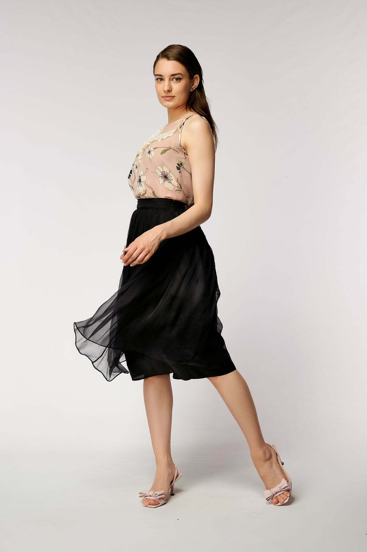 Gathered Silk Midi Skirt - Black