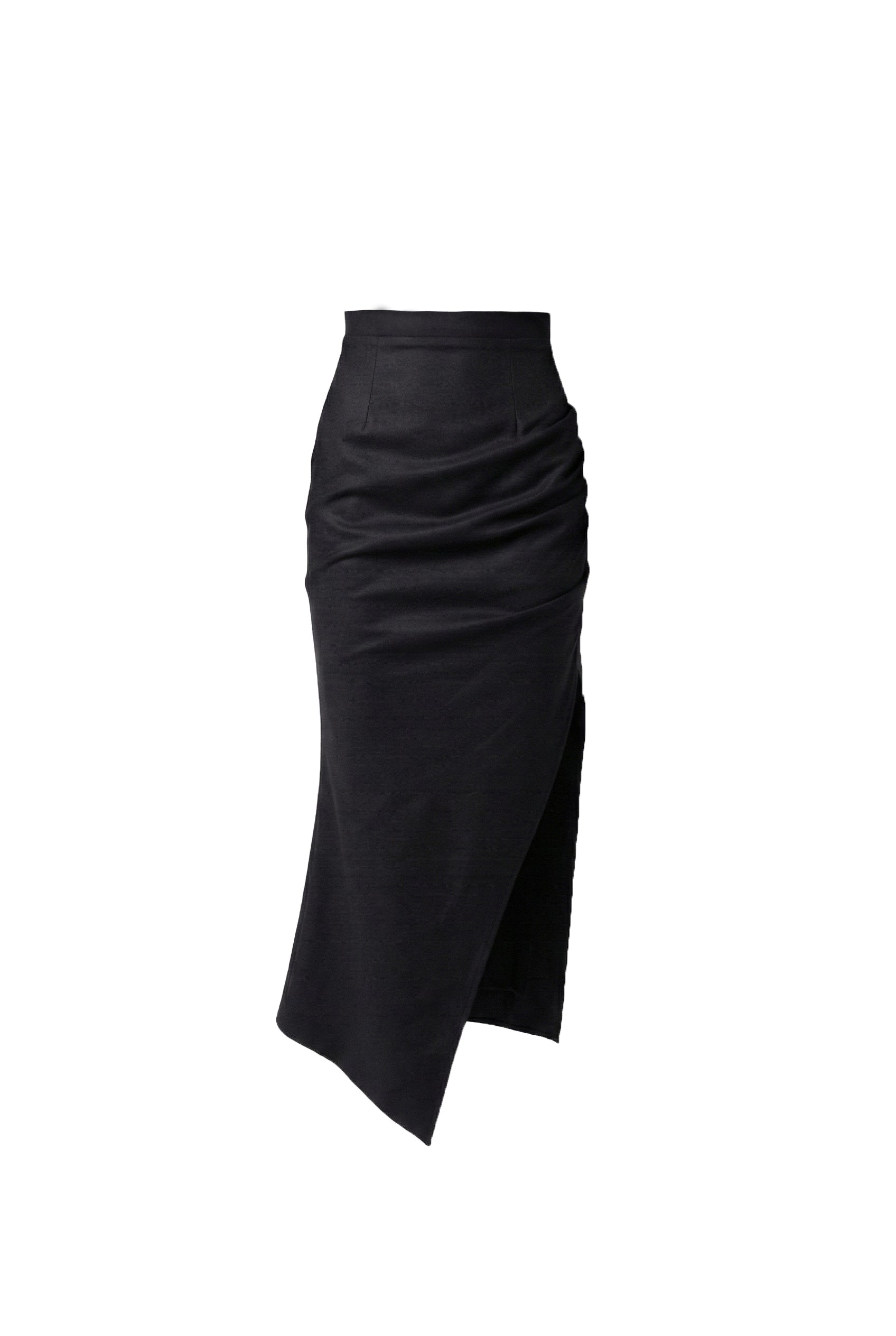 Asymmetric Gathered Wool Midi Skirt - Black
