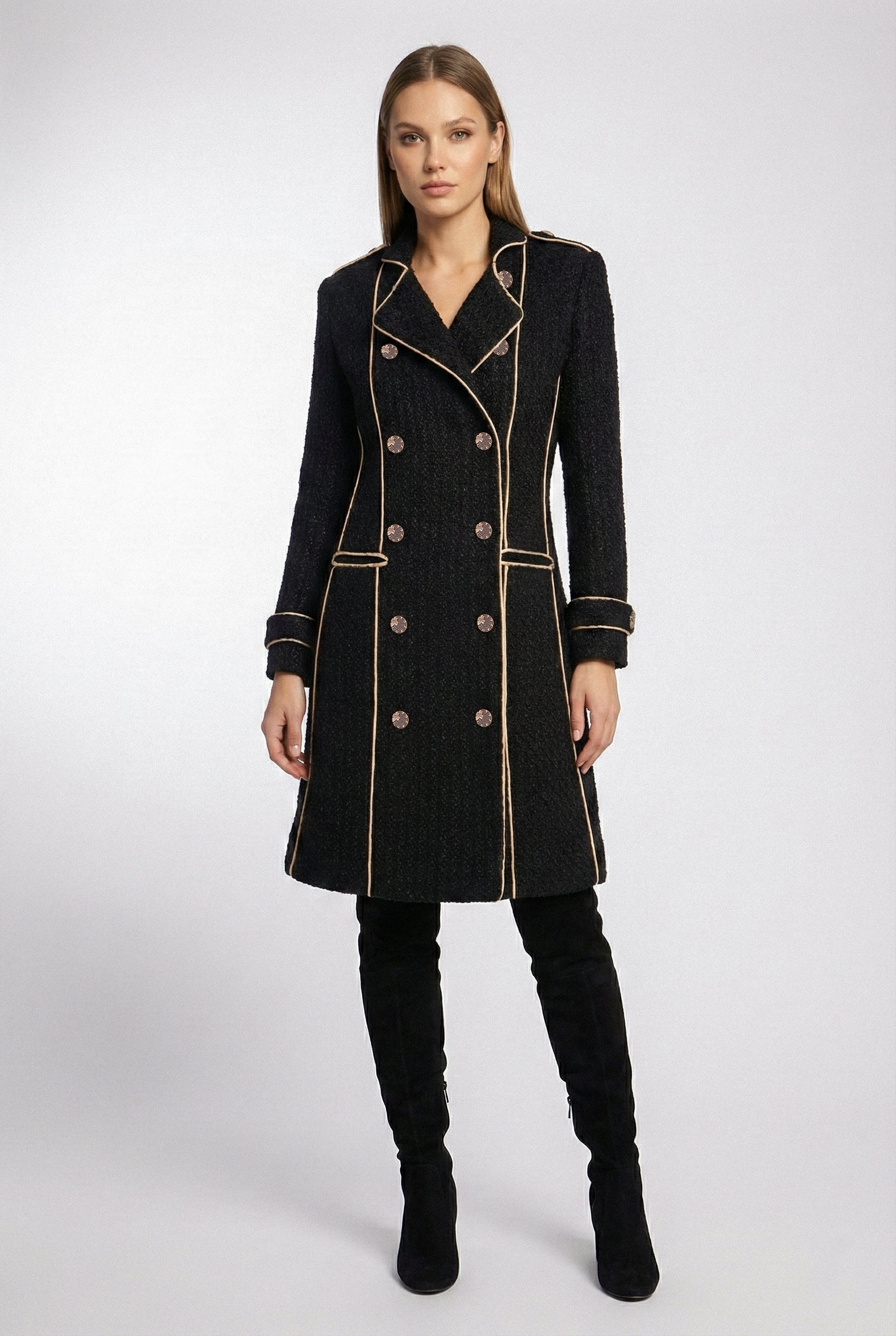 Double Breasted Military Coat With Contrast Buttons – Black