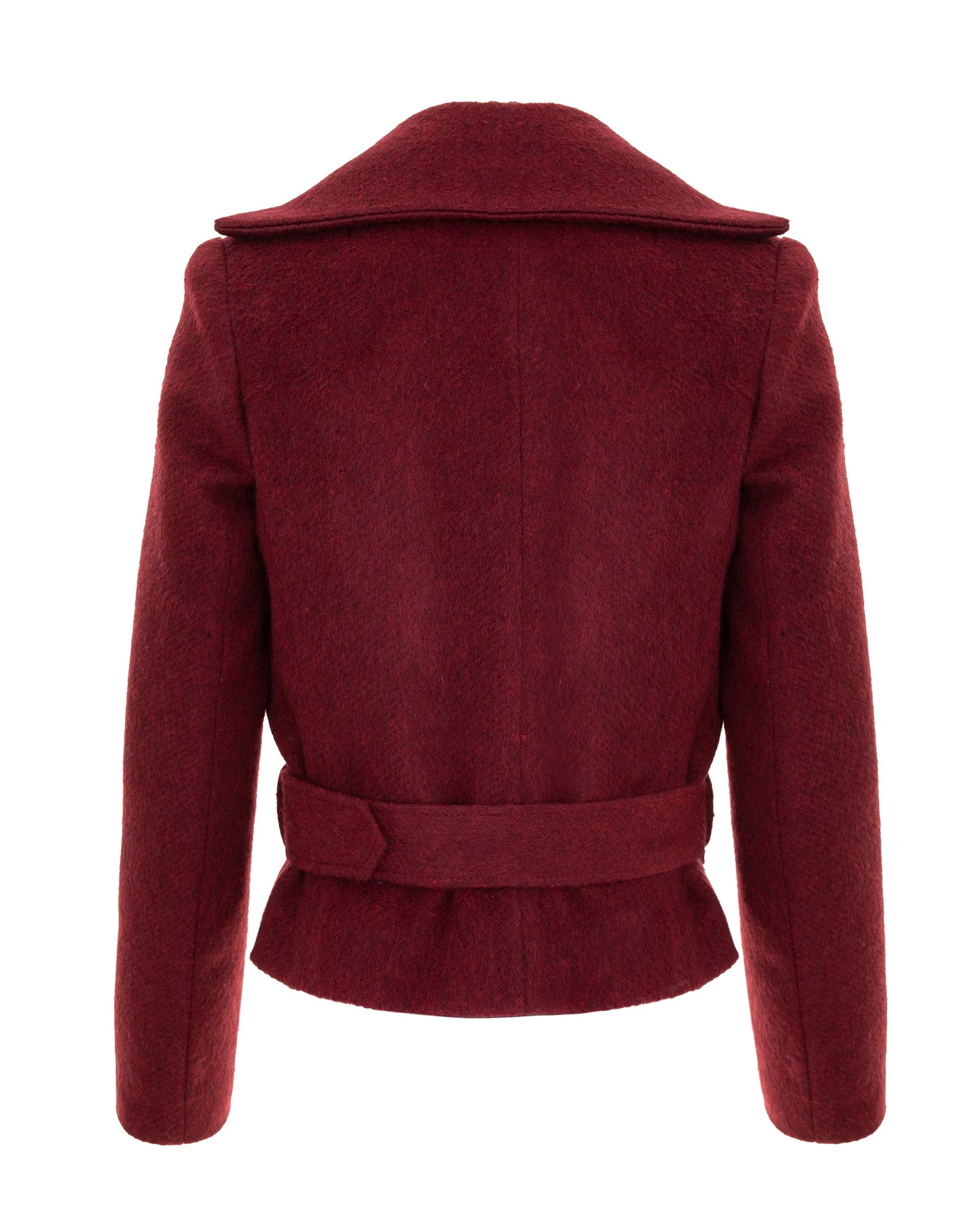 Wool Double Breasted Wide Lapel Jacket With Belt - Burgundy