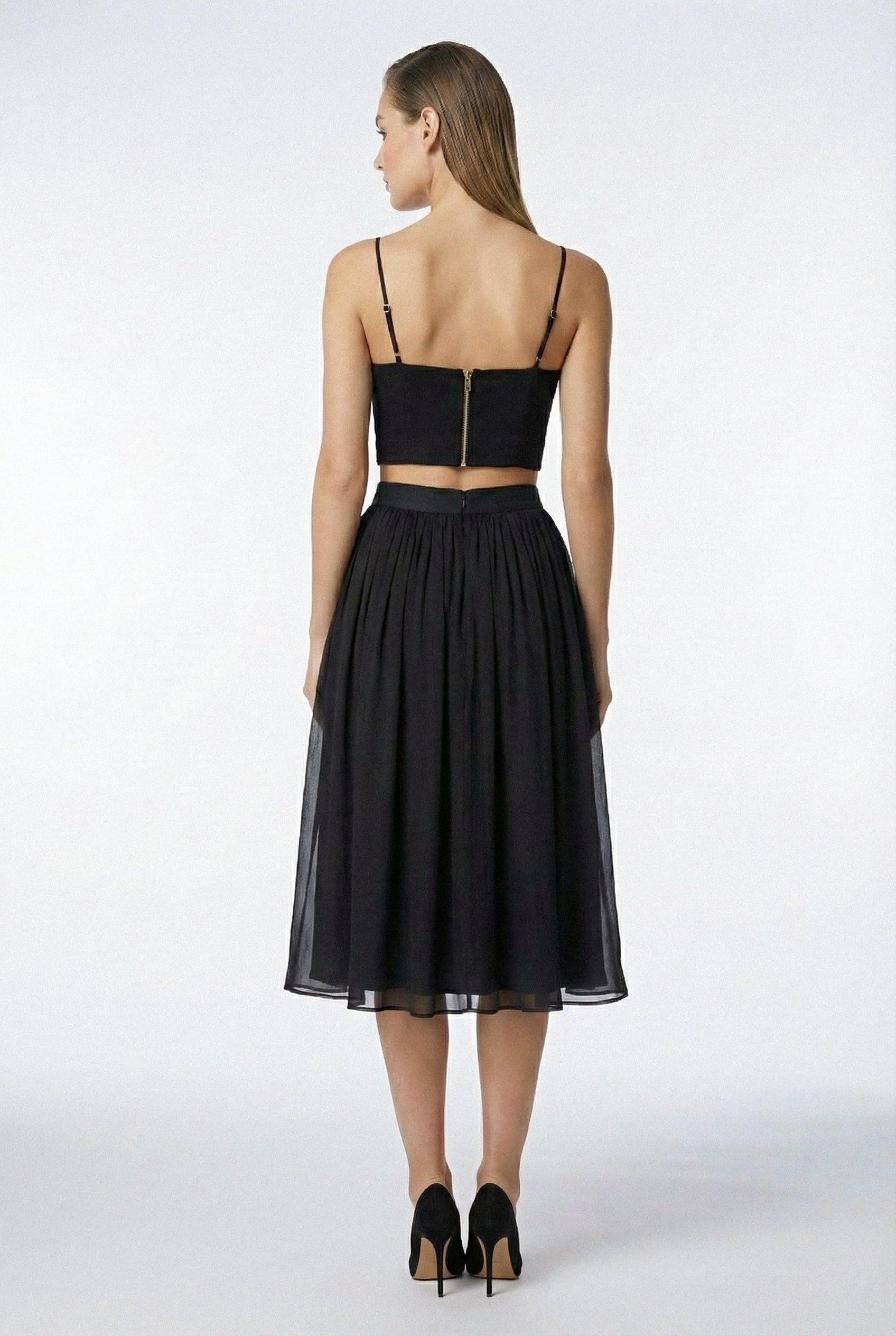 Gathered Silk Midi Skirt - Black