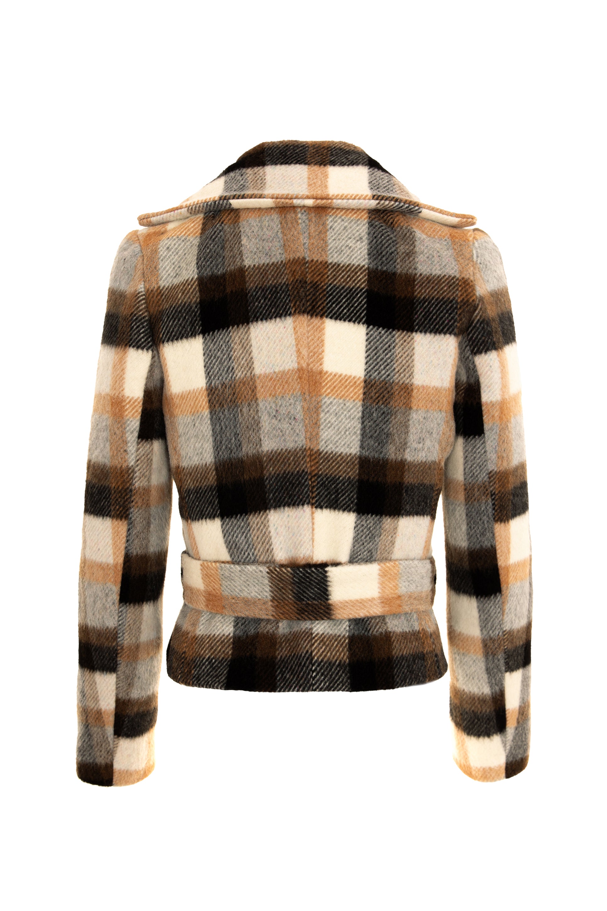 Checked Wool Double Breasted Wide Lapel Jacket With Belt