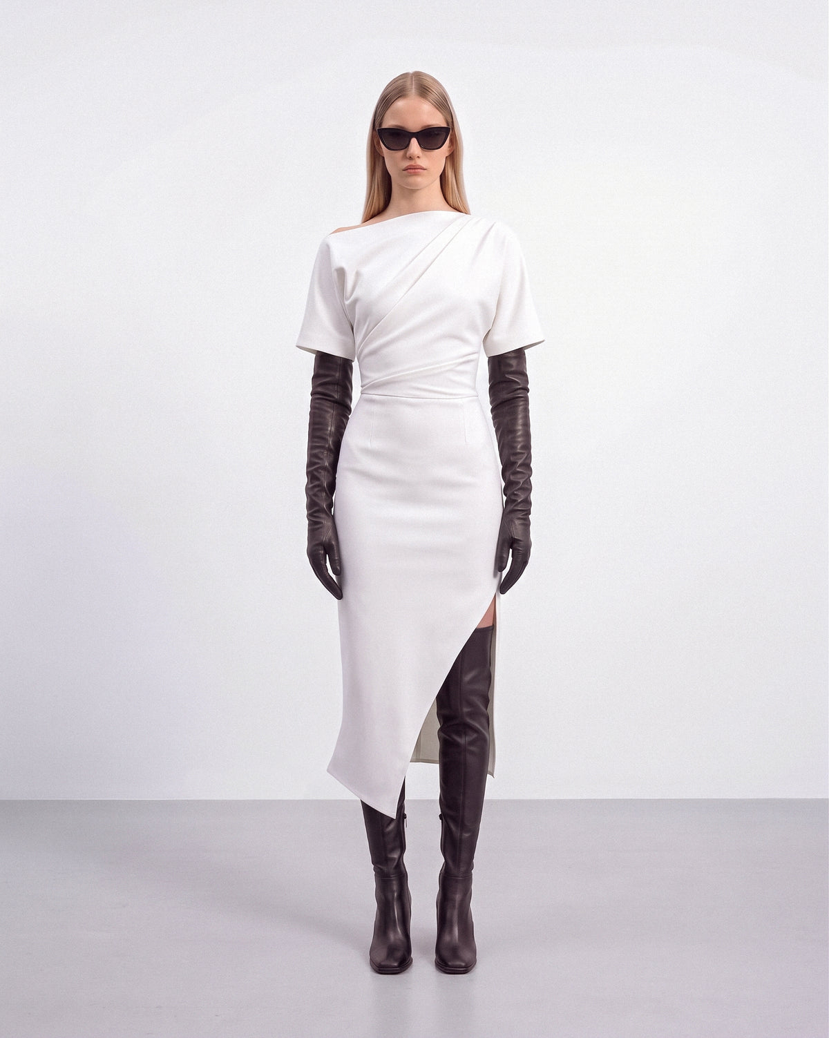 Short Sleeve Asymmetric Leg Slit Dress - White
