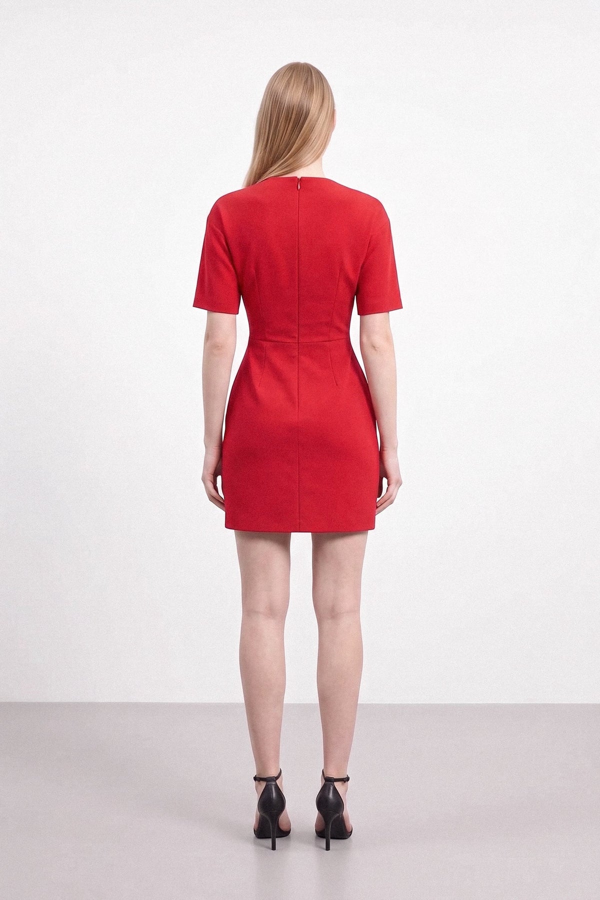 Short Sleeve Gathered Mini Dress - Red