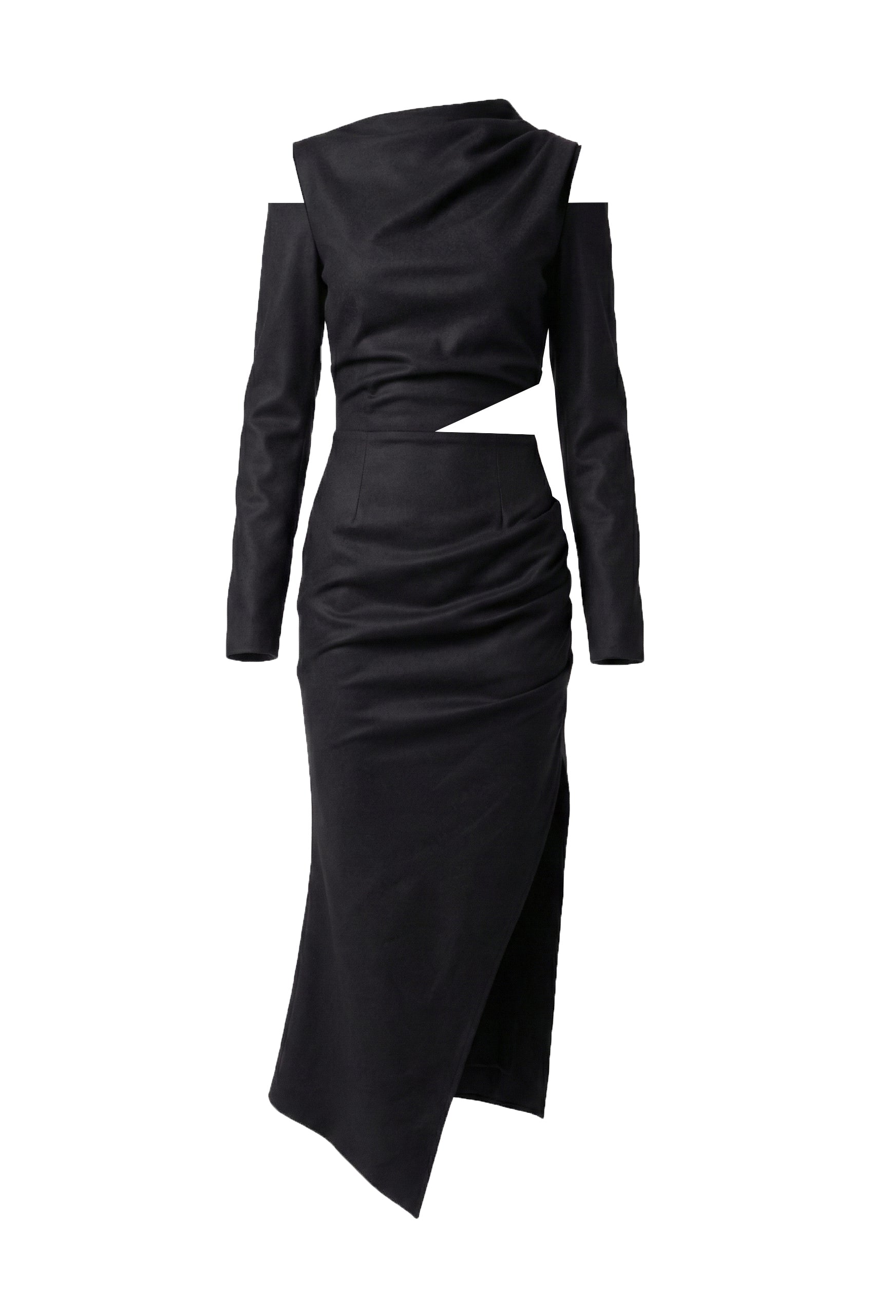 Cut-out Asymmetric Wool Midi Dress - Black
