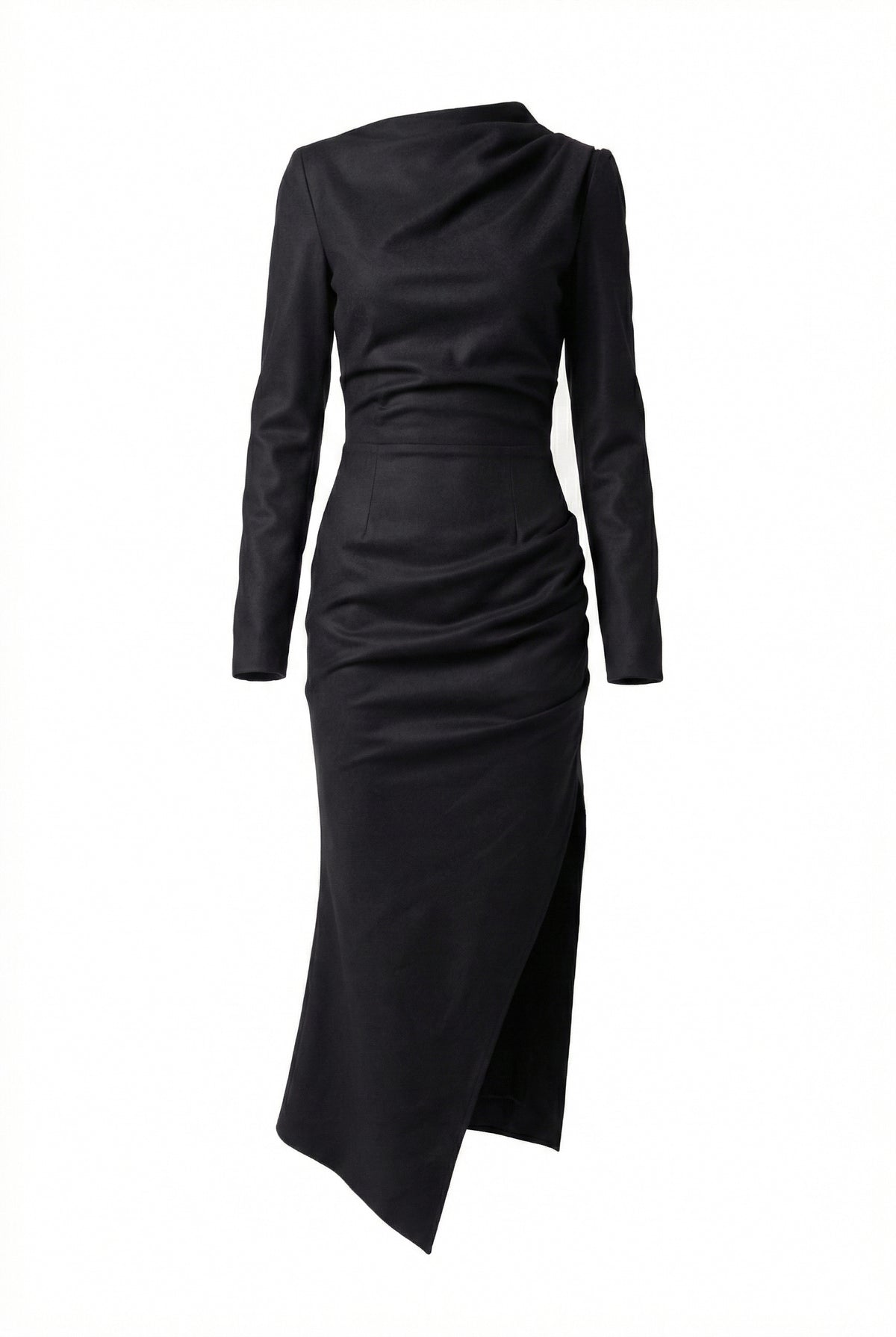 Long Sleeve Asymmetric Midi Dress - Black